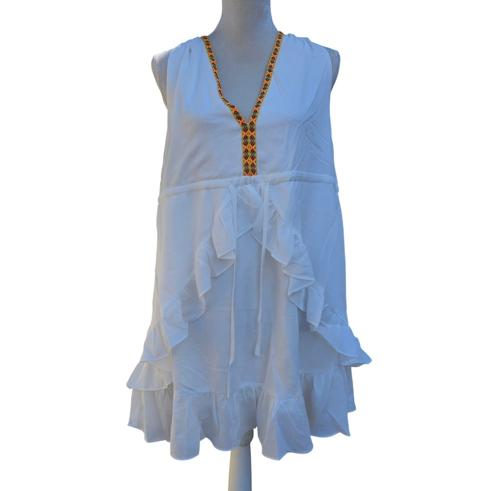 Strut &‎ Bolt White Embroidered V-Neck Ruffle Tiered Mini Dress Small NEW